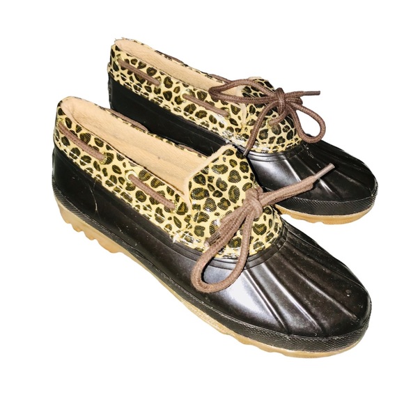 Sperry Waterproof Leopard Print Brown Slip On Duck Boots, 8 - Picture 6 of 10